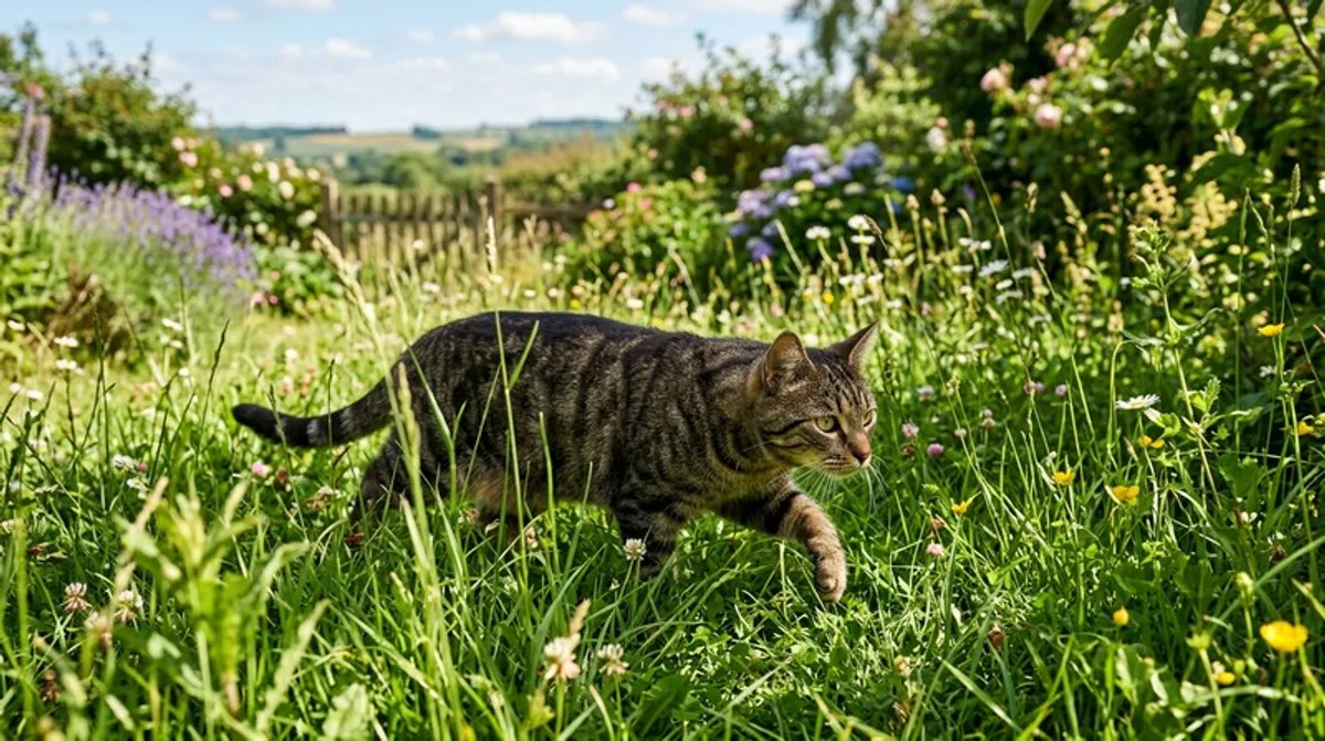 Cat Draussen Garten Schleichen Gras Sommer Ausblick