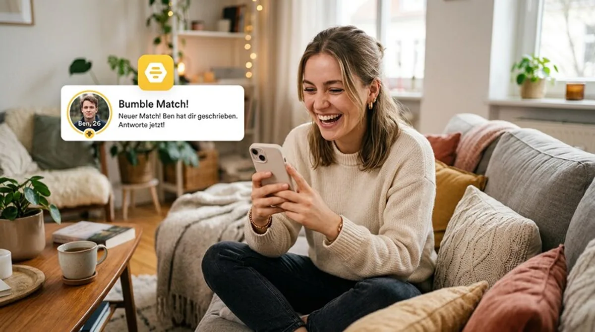 Dating Bumble Spiel Frau Mobil Handy Aufgeregt Laechelt Sofa
