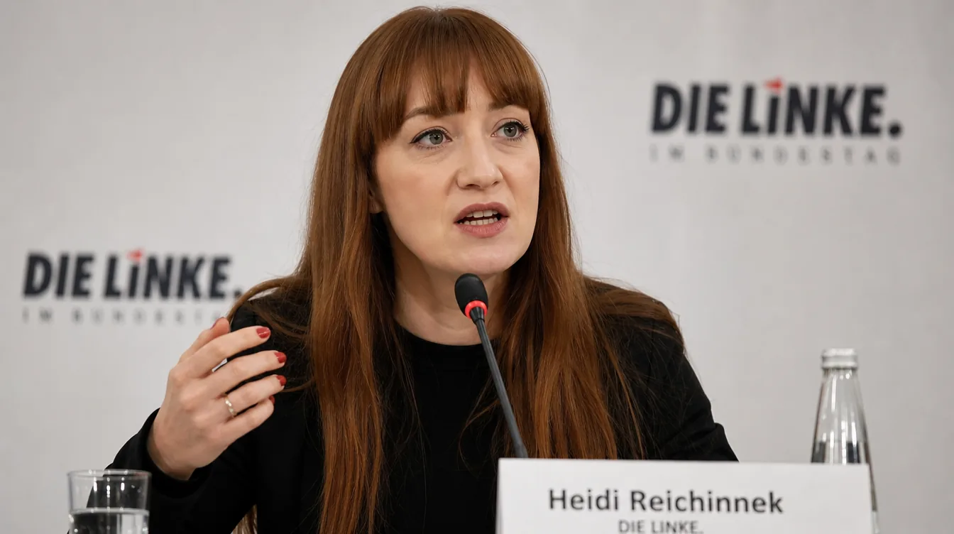Heidi Reichinnek Die Linke Pressekonferenz Namensschild Mikrofon Fraktion Bundestag Politikerin