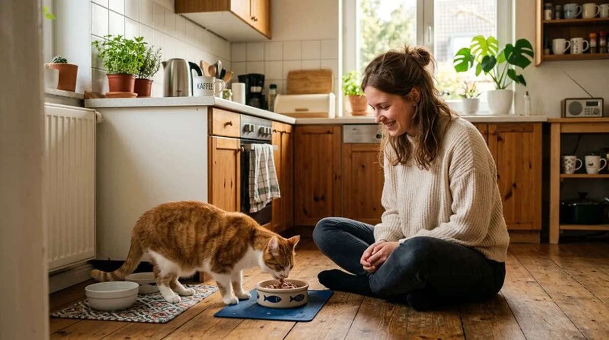 Kueche Frau Katze Fuettern Haustier Zuhause Boden Zennews24