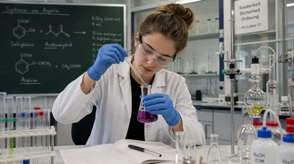 Laborchemie Chemikerin Wissenschaft Forschung Reagenzglas Pipette Schutzhandschu