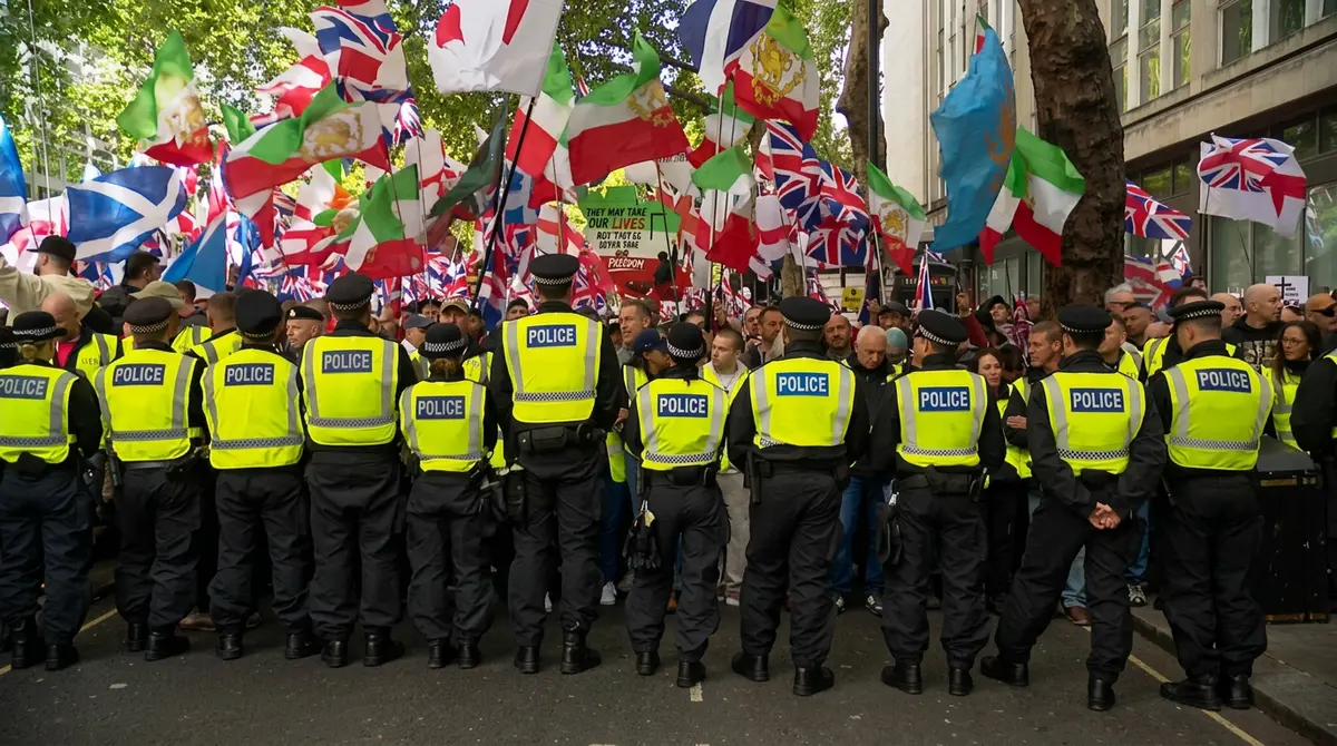 Londoner Polizeibeamte Reihe Großeinsatz rechtsaußen Demo