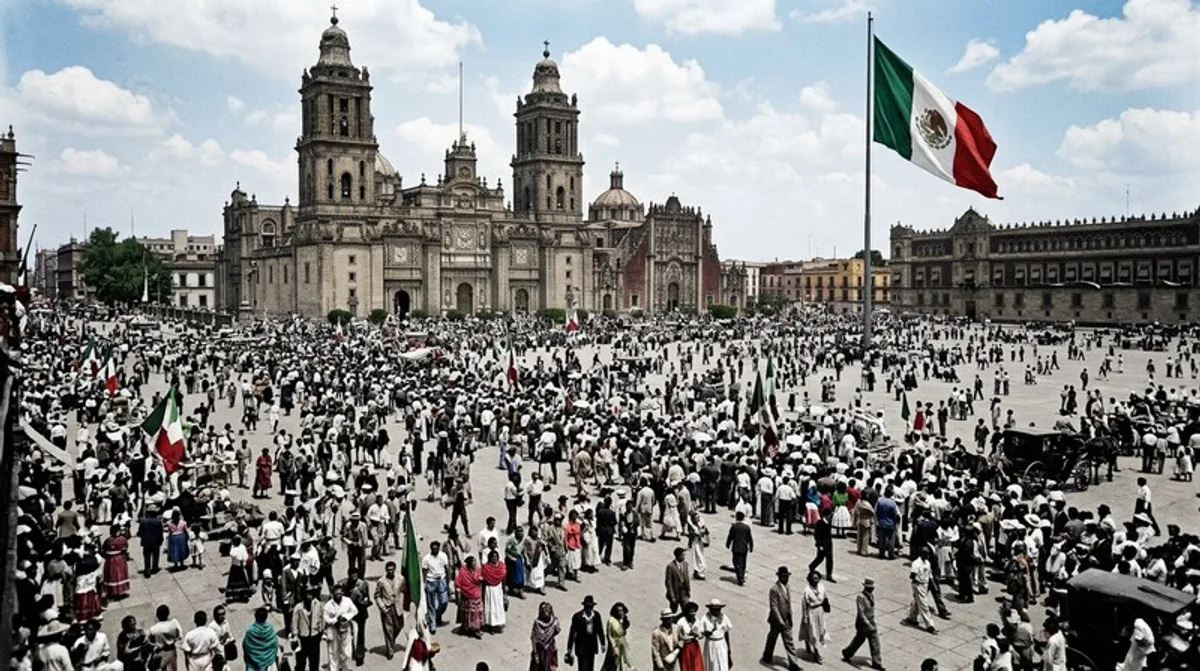 Mexiko Stadt Zocalo Metropolitankathedrale Mexikanische Flagge Hauptplatz Menschenmenge Historisch Zennews24