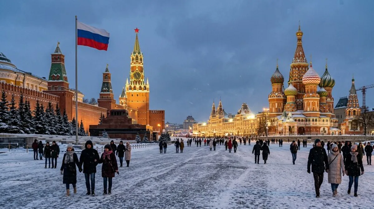 Moskau Kreml Roter Platz Russland Flagge Panorama Winter