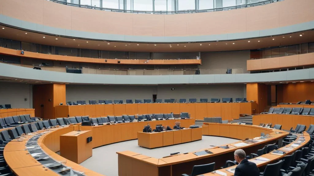 Parlament Plenary Saal Kreisfoermig Bestuhlung Rednerpult Moderne Architektur