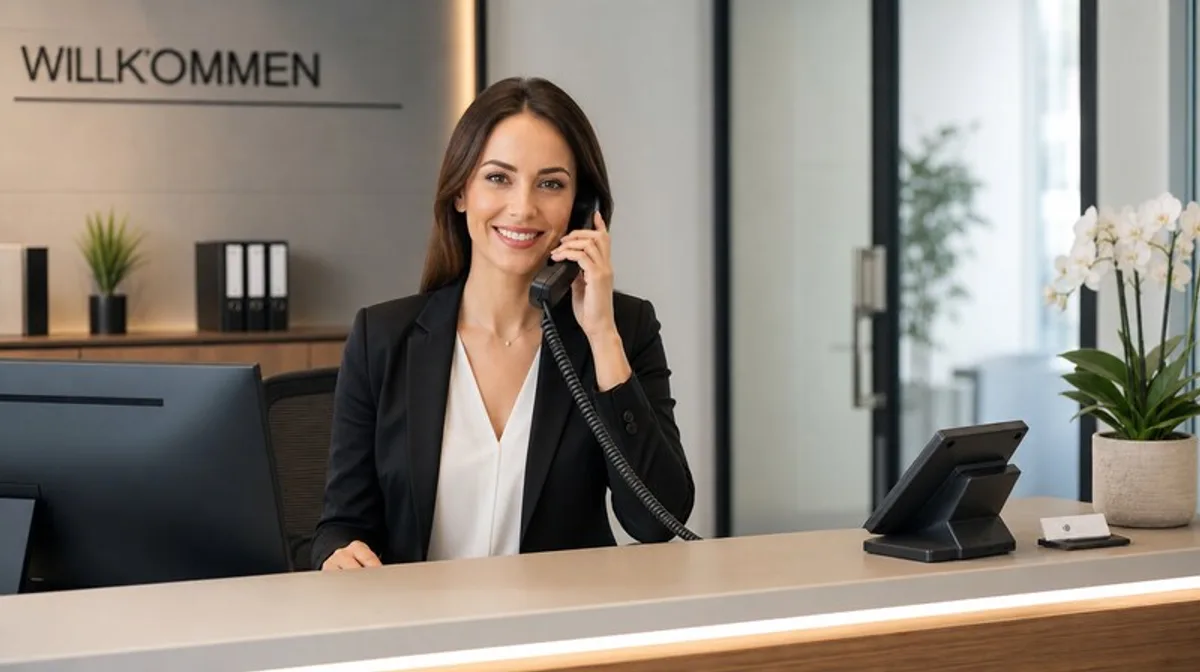 Rezeption Willkommen Buero Geschaeftsfrau Telefon Schreibtisch Professionell Zennews24