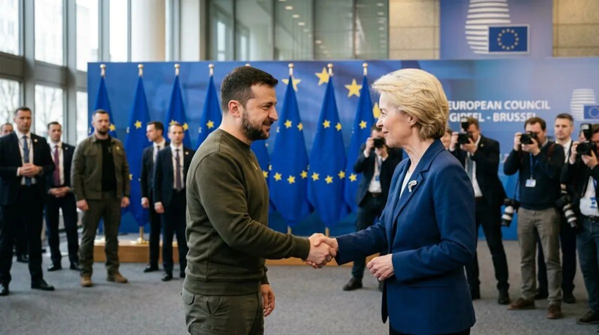 Selenskyj Von Der Leyen Eu Gipfel Bruessel Handschlag Europaeischer Rat Ukraine Beitritt Flaggen Zennews24