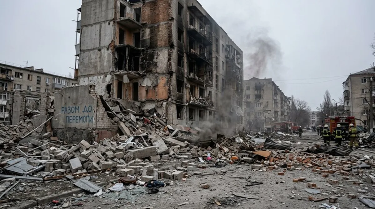 Ukraine Zerstoerung Ruinen Bombardiert Truemmer Brandschaden Feuerwehr Razom Do Peremogy War
